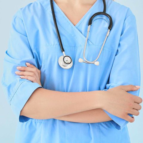 Female nurse with stethoscope on color background Female nurse with stethoscope on color background